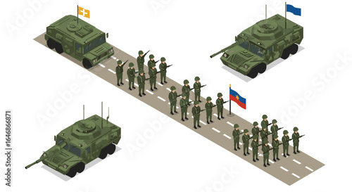 Isometric military parade with soldiers and armored vehicles on roadways