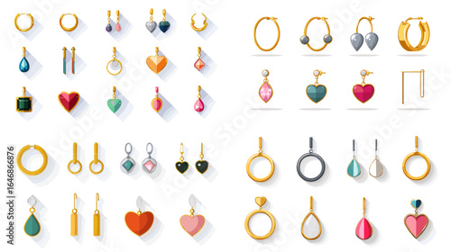 Elegant collection of gold and gemstone earrings in various shapes like heart, teardrop, and hoops, perfect for jewelry design and fashion projects.