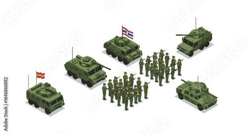 Isometric military formation with soldiers and armored vehicles in parade
