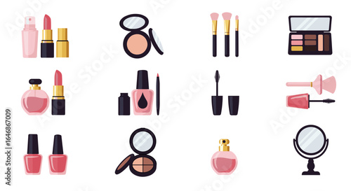 Cosmetic essentials: makeup brushes, lipstick, and beauty tools in flat style