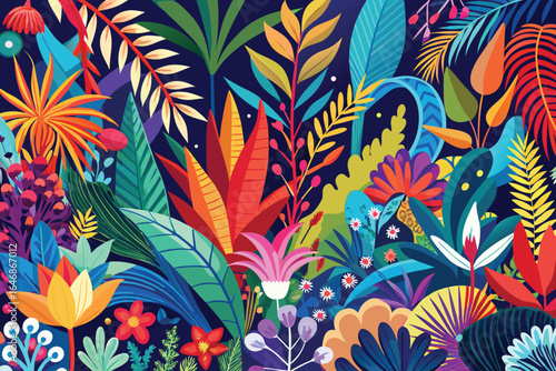 A colorful illustration of tropical plants, displaying a variety of vivid greens, reds, and yellows in a lush arrangement.