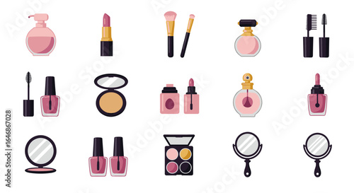 Elegant makeup icons set: perfume, lipstick, brushes, and more in a modern cartoon style