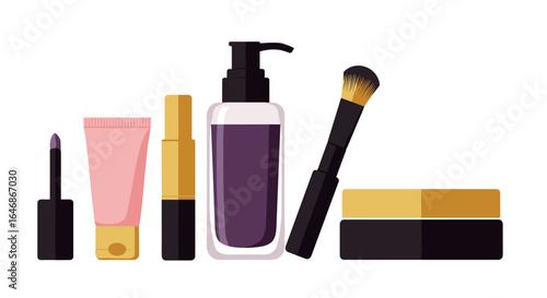 Essential makeup collection: lipstick, foundation, brush, and more in modern flat style