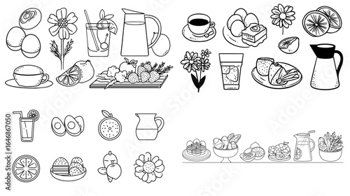Breakfast and beverage illustration set. Hand-drawn icons of coffee, juice, tea, eggs, bread, and fruits in minimal line art style for café, brunch, and morning-themed designs.
