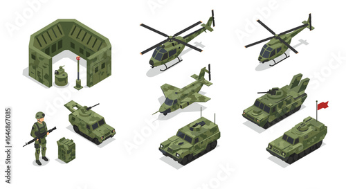 Isometric military vehicles and equipment on white background