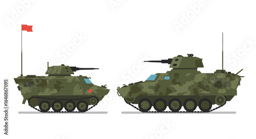 Military tanks in profile view with camouflage and red flag