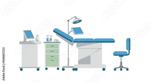Modern medical examination room setup with equipment and furniture in flat design