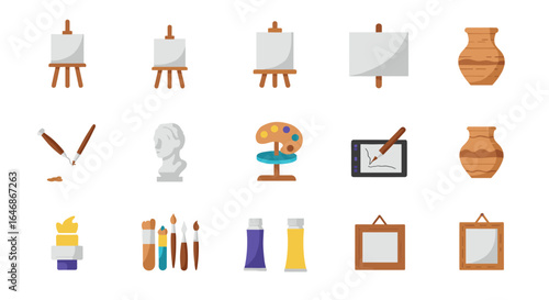 Flat art icon set: easels, brushes, paint tubes, and pottery