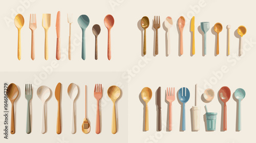 Colorful cutlery illustration set. Spoons, forks, and knives in modern pastel design, ideal for kitchen, dining, restaurant menus, and culinary-themed graphics.