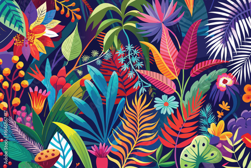 A colorful illustration of tropical plants, displaying a variety of vivid greens, reds, and yellows in a lush arrangement.