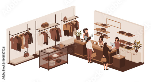 Modern boutique interior with clothing and customers in minimalist isometric style