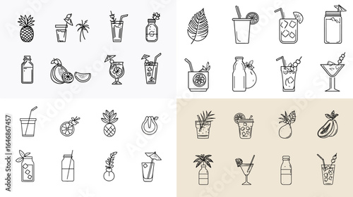 Summer drinks icon set. Minimal line-art style with juice, cocktails, pineapples, palm trees, and tropical fruits, perfect for seasonal, vacation, and beach-themed designs.