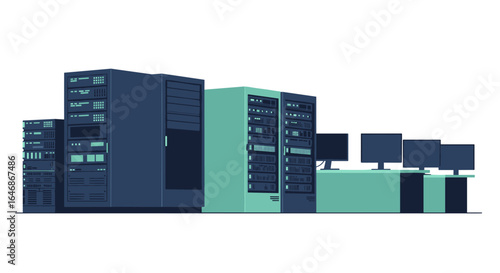 Modern data center with server racks and monitors in minimalist style