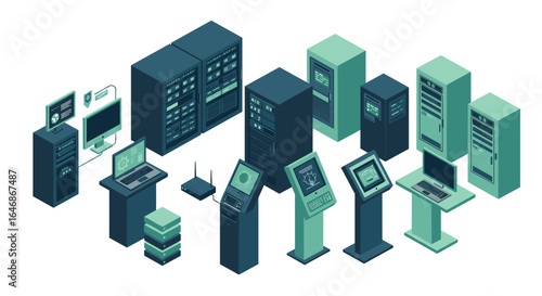 Isometric data center equipment collection with servers and monitors