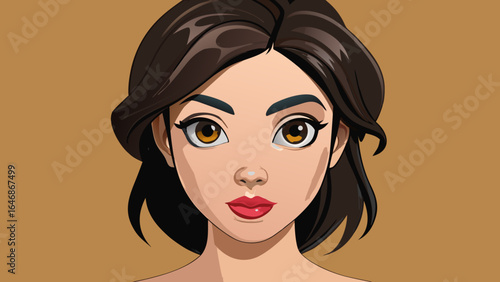 Illustration of a woman with brown hair and eyes and red lips against a brown background color