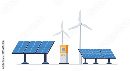 Renewable energy elements featuring solar panels and wind turbines