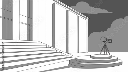 A grayscale image showing a building with stairs and a telescope under a cloudy night sky view scene