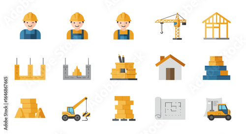 Construction icons set featuring workers, cranes, and building elements in flat design