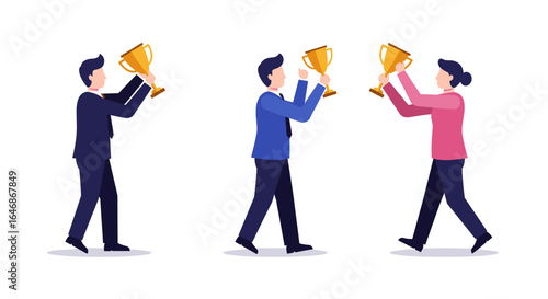 People celebrating success with golden trophies in flat design style