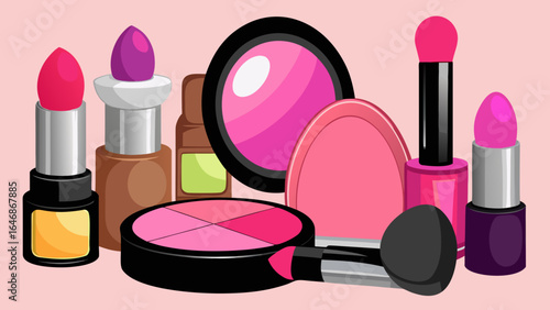 Illustration of various makeup products including lipstick nail polish and blush on a pink background
