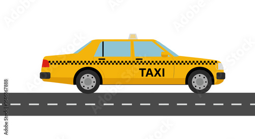 Yellow taxi car on road in flat design style