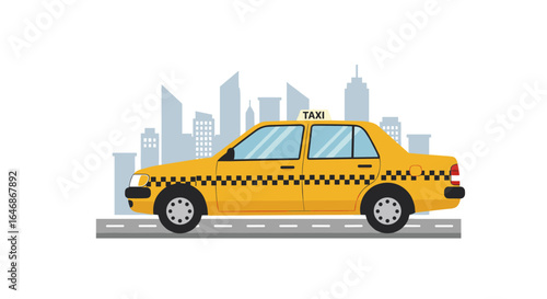 Yellow taxi with city skyline background in flat design