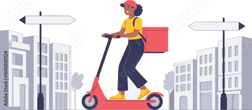 Delivery Woman Riding Scooter on City Street with Main Street and Park Avenue Signs
