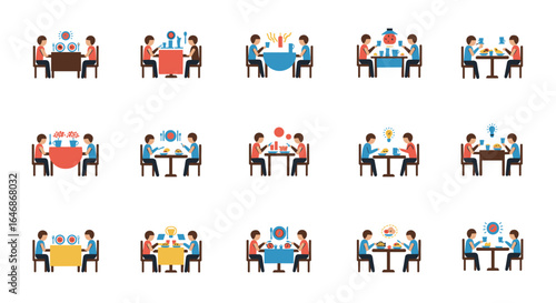 Flat style dining icon set: couples enjoying meals at tables with various settings