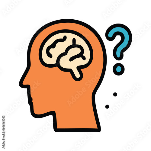 Head silhouette with brain and question mark symbol, symbolizing curiosity, creativity, critical thinking. Suitable for educational, mental health, and problemsolving concepts.