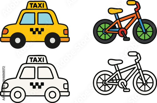 Vector Illustration Set of Taxi Car and Bicycle.