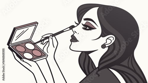 Illustration of a woman applying makeup with a brush from an eyeshadow palette in her hand