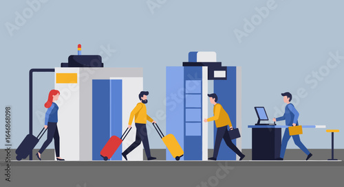 Flat design airport security checkpoint with passengers and luggage