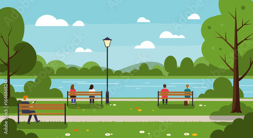 Peaceful park scene with people relaxing on benches by the lake