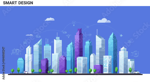 Modern cityscape with high-rise buildings and urban elements on a blue sky background