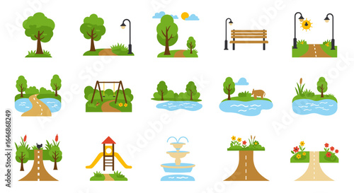 Colorful park elements with trees, paths, and playgrounds in flat style