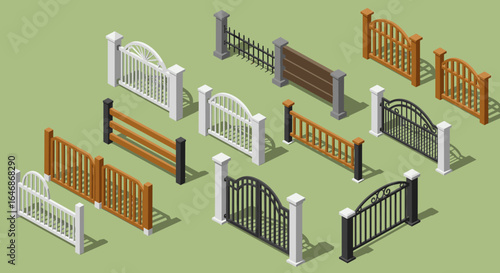 Isometric collection of decorative fences on green background