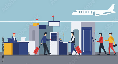 Flat design airport security checkpoint with passengers and airplane