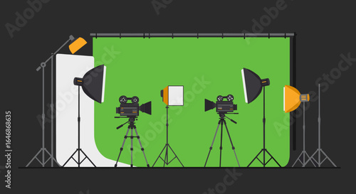 Modern film studio setup with green screen and professional equipment