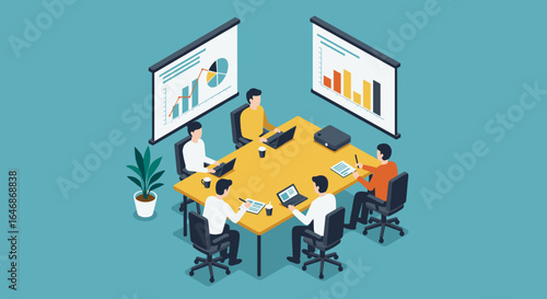 Team meeting in modern office with projector screens and laptops in isometric style