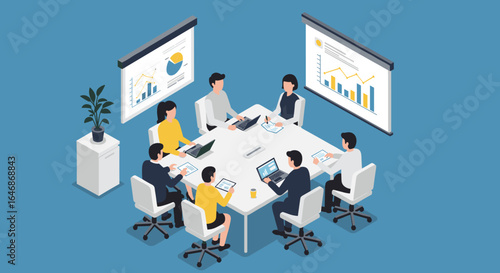 Isometric office meeting with diverse team analyzing data charts and graphs