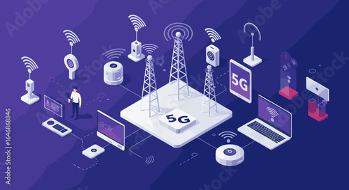 Isometric 5g technology concept with wireless networks and digital devices