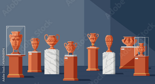 Exhibition of ancient ceramic artifacts displayed on pedestals in modern museum