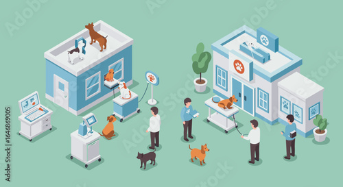 Modern veterinary clinic with isometric design and busy professionals caring for pets