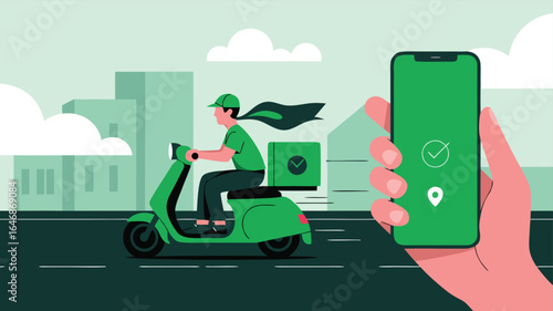 Green Scooter Delivering Food with App Confirmation Displayed Food is on Its Way! Illustration