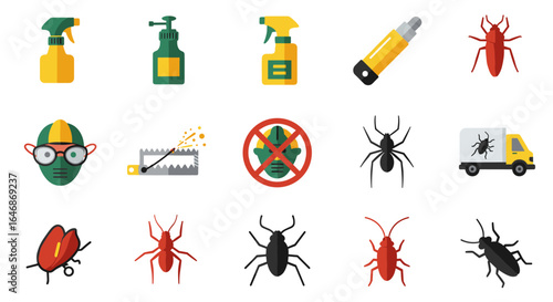 Pest control icons set with insects and equipment in flat style
