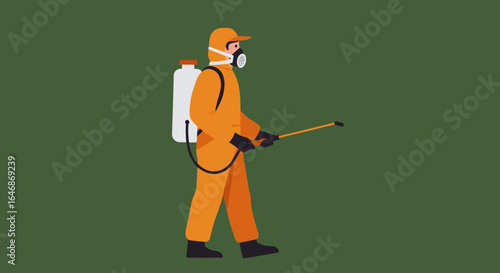 Pest control worker in protective suit with sprayer on green background
