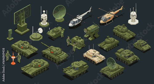 Isometric military vehicles set with tanks, helicopters, and radars