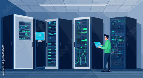 Modern data center with it technician analyzing server racks in a network room
