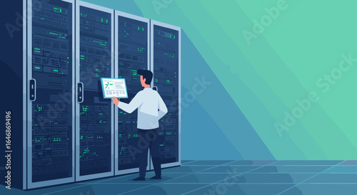 Data center technician analyzing server performance in modern facility