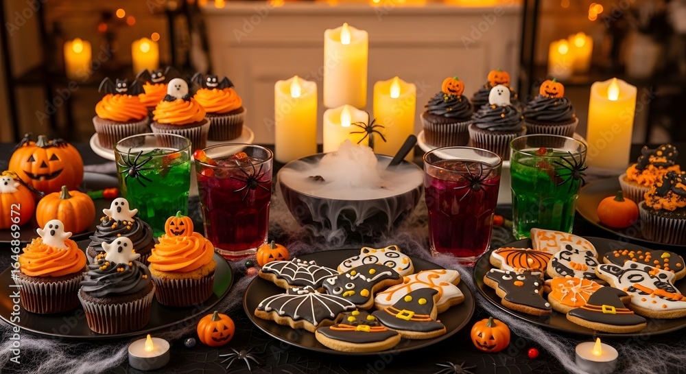 Delicious Halloween treats cupcakes, cookies, and drinks on a festive table Delicious Halloween treats cupcakes, cookies, and drinks on a festive table